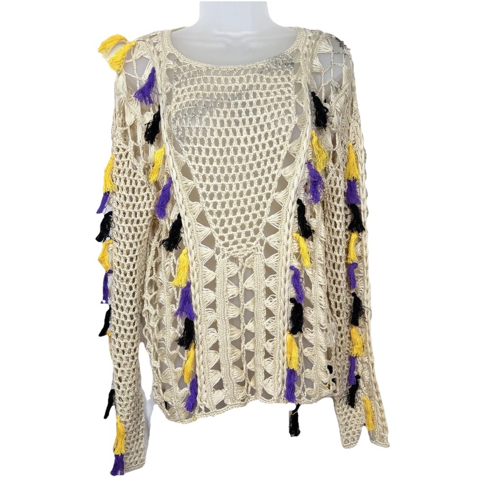 Supertrash‎ Crochet Tassel Sweater Mardi Gras Boho Festival Fringe Knit Top